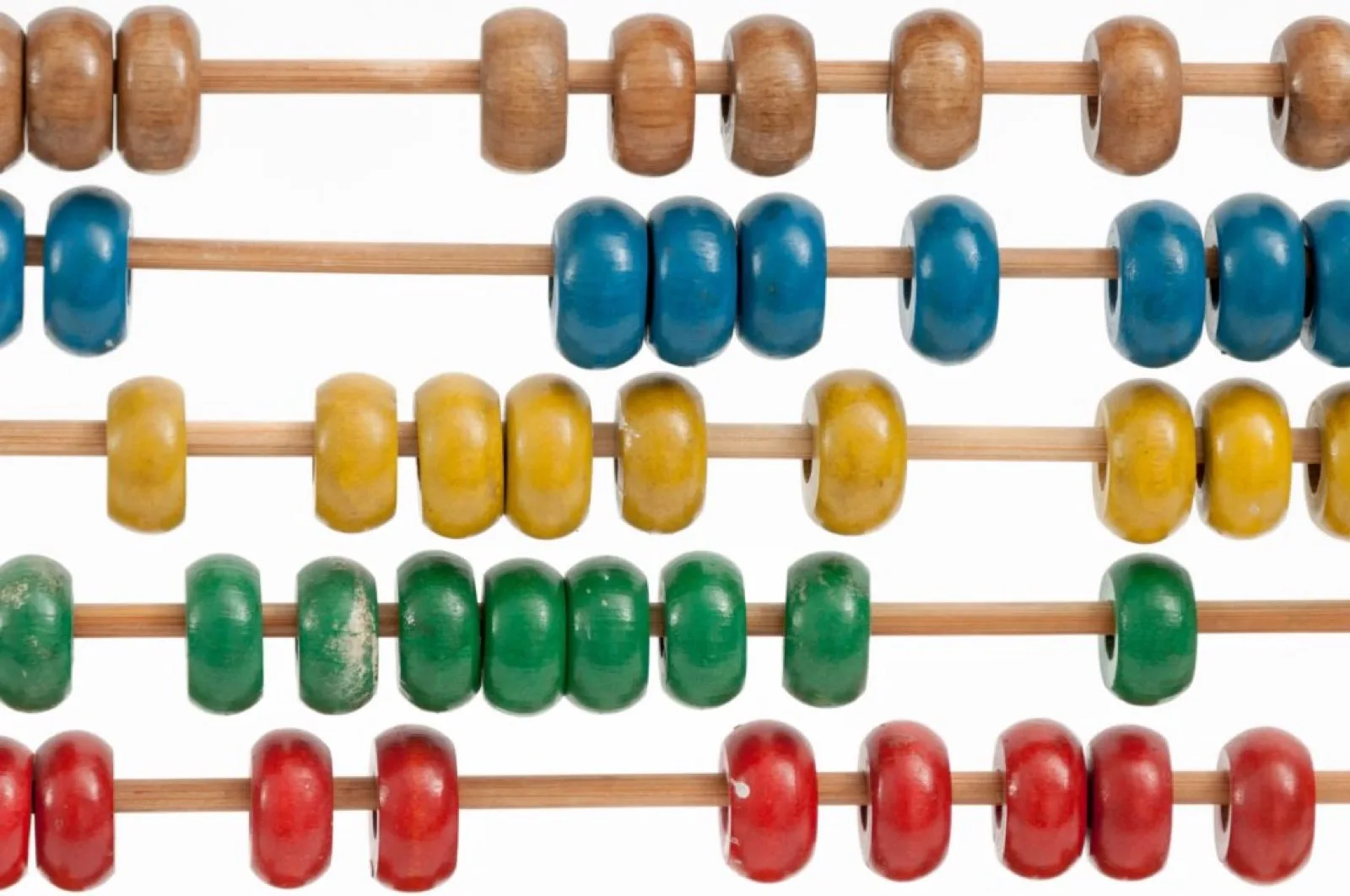 A wooden abacus with rows of blue, yellow, green and red beads