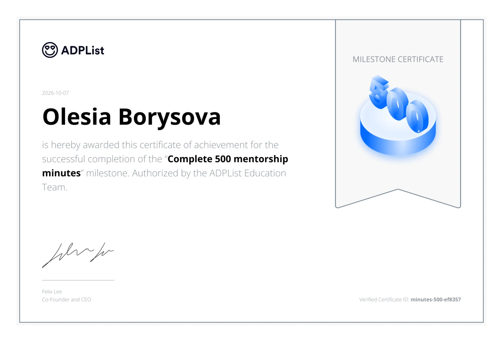 ADPList milestone certificate awarded to Olesia Borysova for completing 500 mentorship minutes