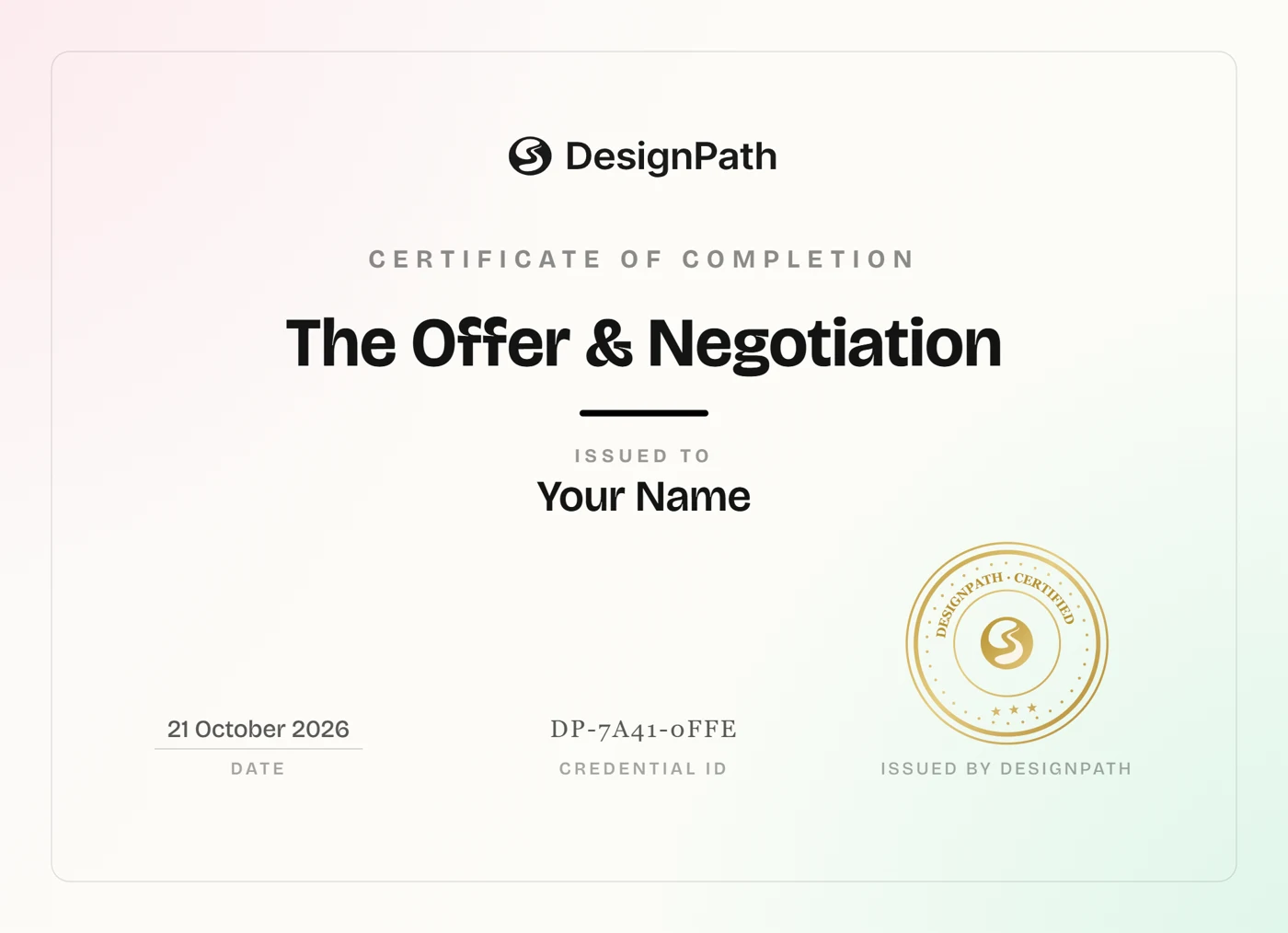 DesignPath certificate of completion for The Offer & Negotiation