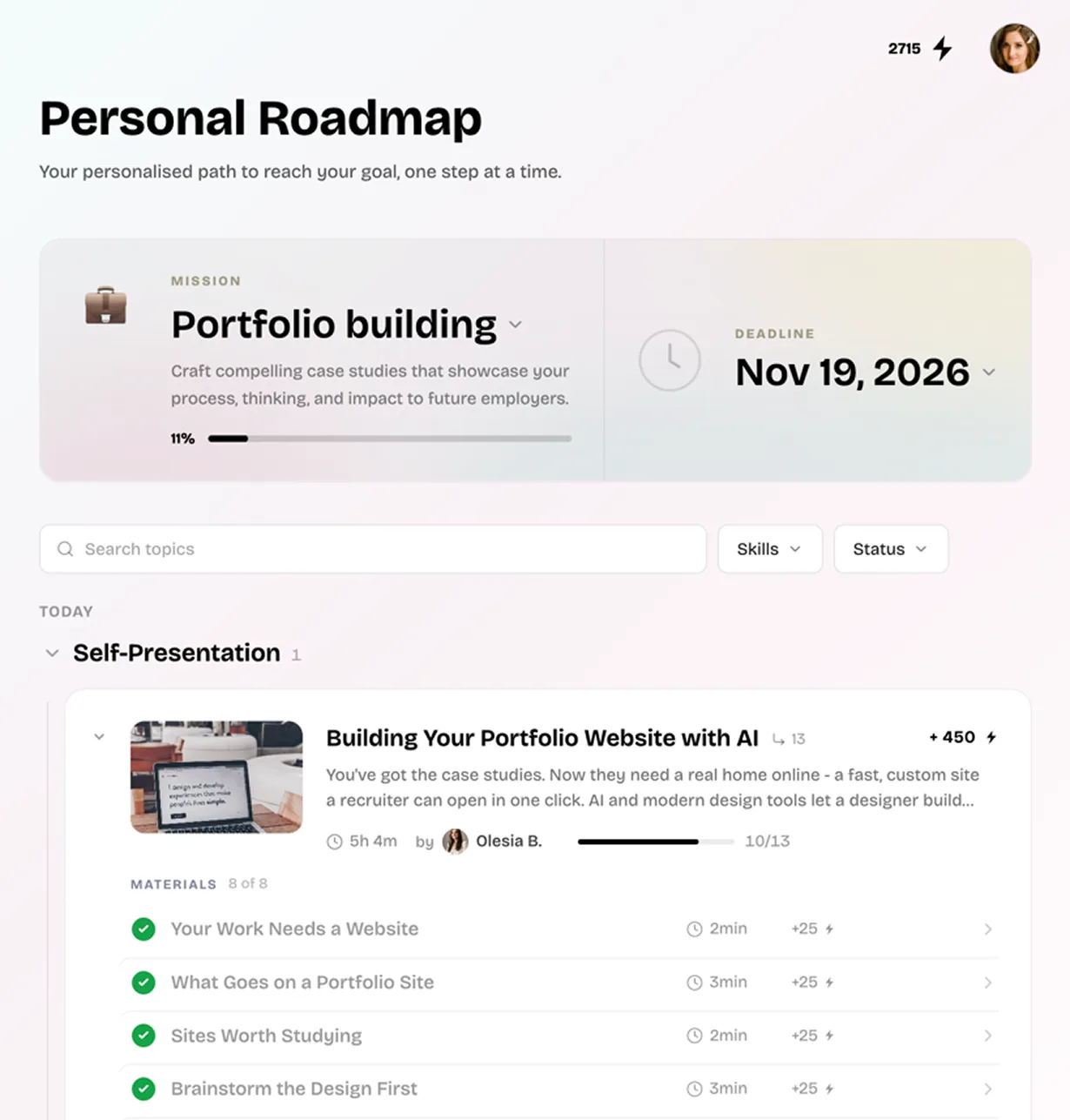 The Personal Roadmap in DesignPath, with modules, their materials and the time each one takes.